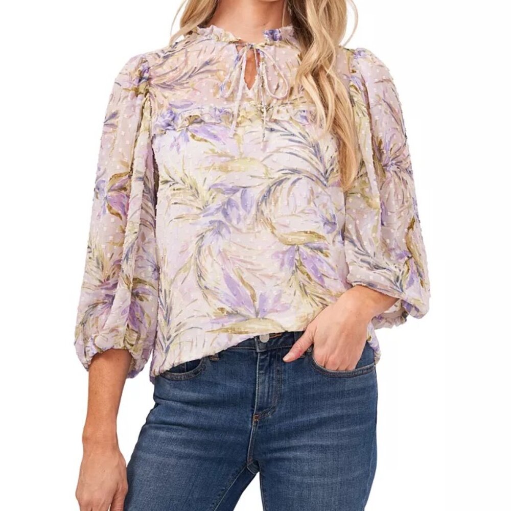 CeCe Pastel Clipped Dot Floral Blouse with Ruffles and Puffy Sleeves
